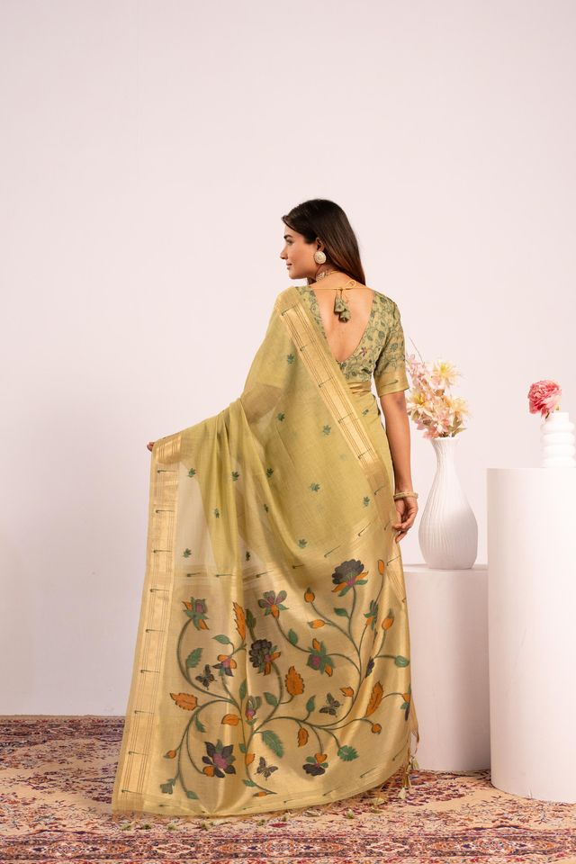 Pista Color Muga Cotton Fabric Paithani Weaving Designer Partywear Saree
