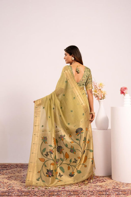Pista Color Muga Cotton Fabric Paithani Weaving Designer Partywear Saree