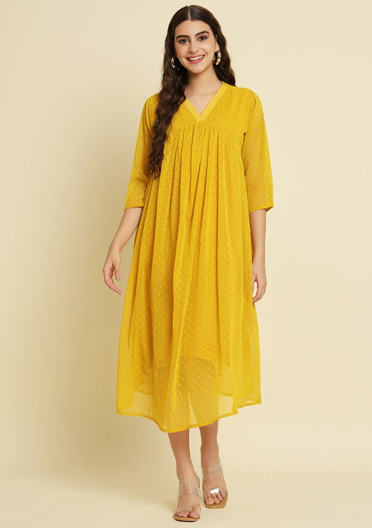 Yellow Self Design Chiffon Dress
