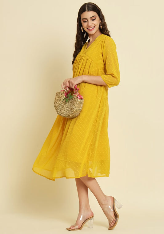 Yellow Self Design Chiffon Dress