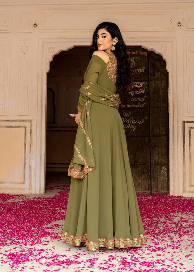 Olive Color Georgette Fabric Designer Embroidered Partywear Gown For Girlie Looks