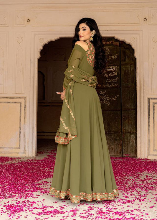 Olive Color Georgette Fabric Designer Embroidered Partywear Gown For Girlie Looks
