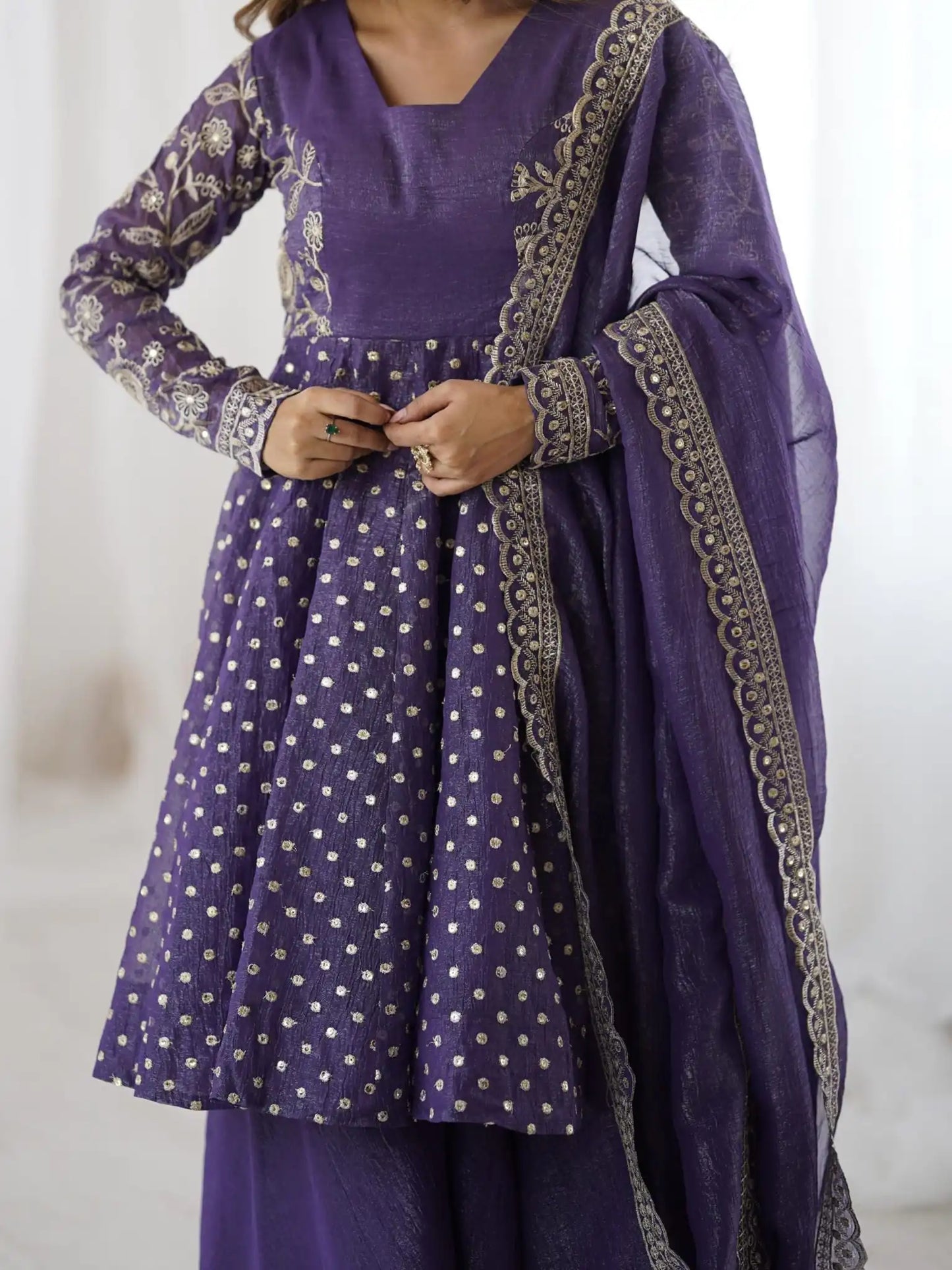 purple festive wear sharara suit for ladies with embroidery and flared sharara” “trending 2026 purple ethnic suit mirror work kurta sharara set for functions