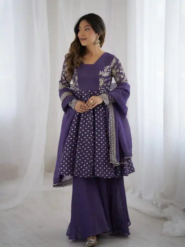purple festive wear sharara suit for ladies with embroidery and flared sharara” “trending 2026 purple ethnic suit mirror work kurta sharara set for functions