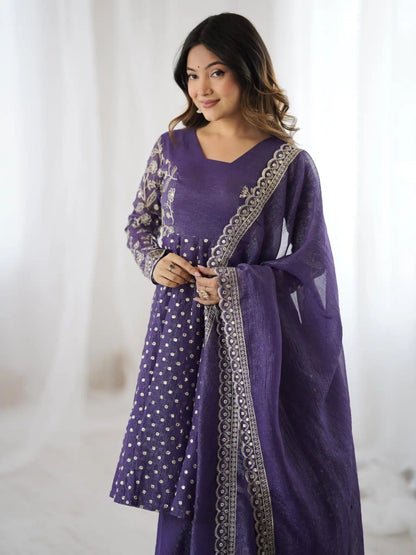 purple festive wear sharara suit for ladies with embroidery and flared sharara” “trending 2026 purple ethnic suit mirror work kurta sharara set for functions