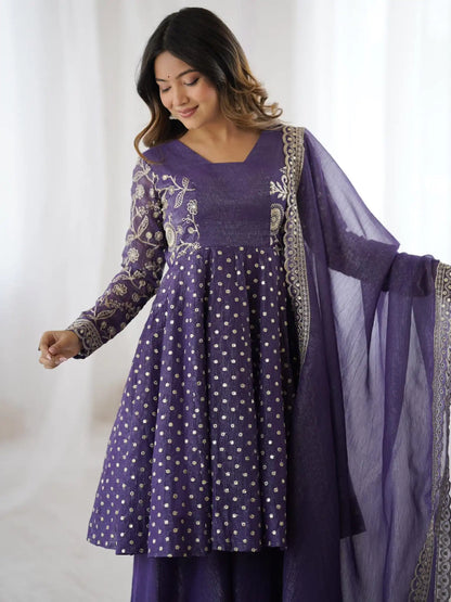 purple festive wear sharara suit for ladies with embroidery and flared sharara” “trending 2026 purple ethnic suit mirror work kurta sharara set for functions