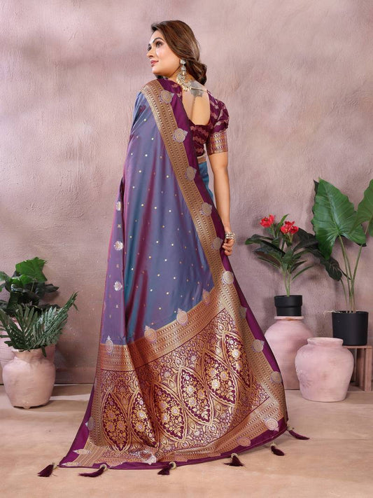 Purple Pure Handloom Kalamkari Silk With Zari Woven Design Saree With Blouse