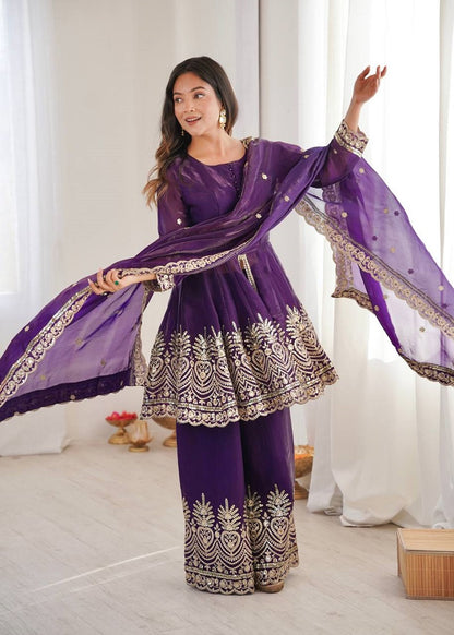 Purple Fendy Satin With Embroidered Real Mirror Work Plazzo Set