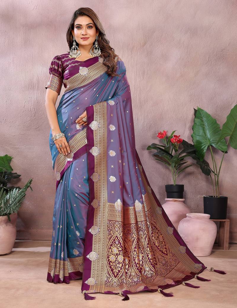 Purple Pure Handloom Kalamkari Silk With Zari Woven Design Saree With Blouse