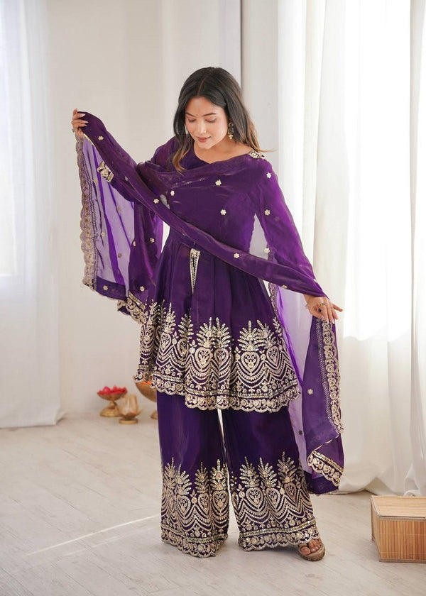 Purple Fendy Satin With Embroidered Real Mirror Work Plazzo Set