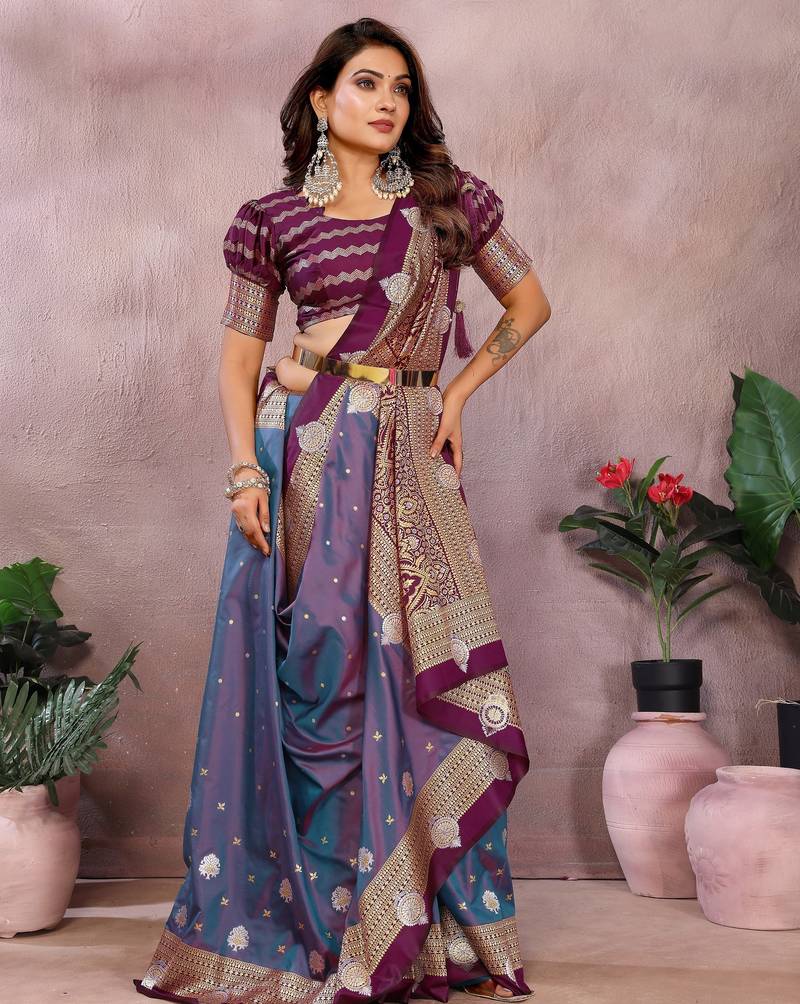 Purple Pure Handloom Kalamkari Silk With Zari Woven Design Saree With Blouse