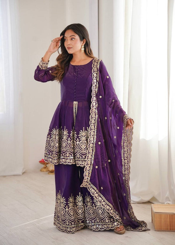 Purple Fendy Satin With Embroidered Real Mirror Work Plazzo Set