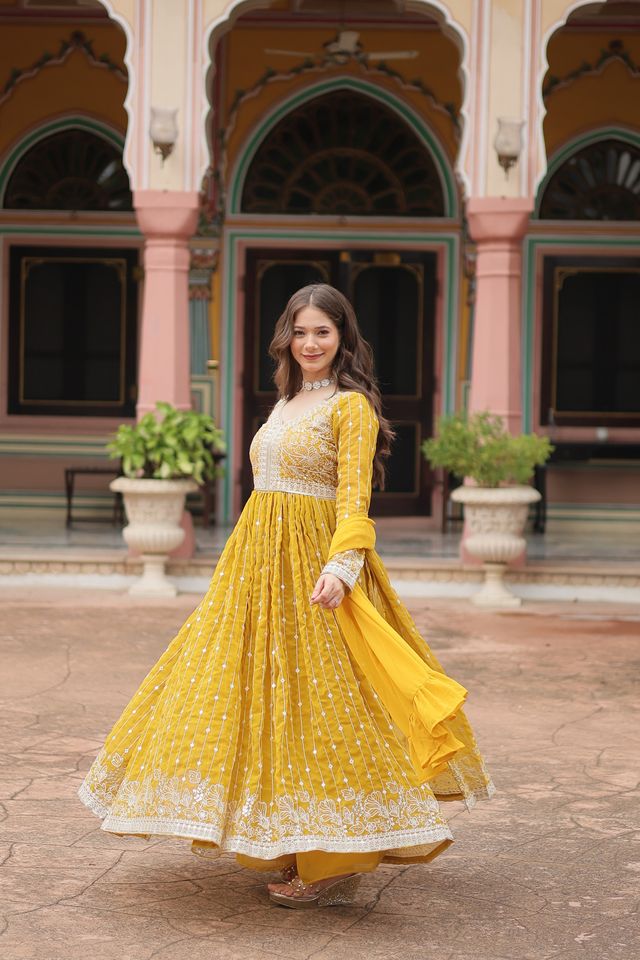Yellow Color Faux Georgette Fabric Beautiful Ceremonial Suit With Dupatta