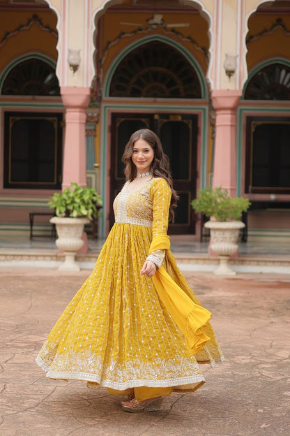 Yellow Color Faux Georgette Fabric Beautiful Ceremonial Suit With Dupatta