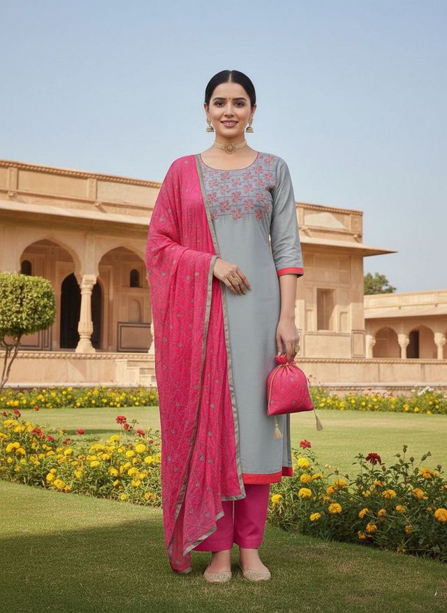 Grey Color Cotton Slub Fabric Designer Casual Suit With Embroidery