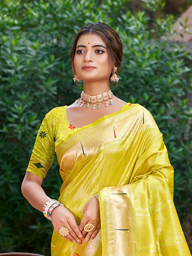 Woven Meenakari Designer Lemon Yellow Color Ethnic Partywear Saree
