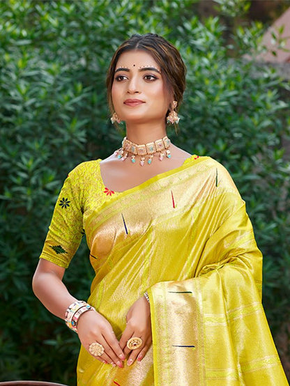 Woven Meenakari Designer Lemon Yellow Color Ethnic Partywear Saree