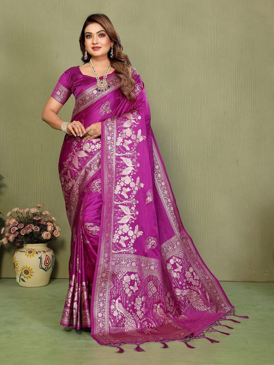 Magenta Color Satin Silk Fabric Woven Jari Designer Partywear Saree