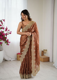 Brown Color Fendy Chiffon Fabric Beautiful Embroidered Saree