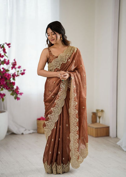Brown Color Fendy Chiffon Fabric Beautiful Embroidered Saree