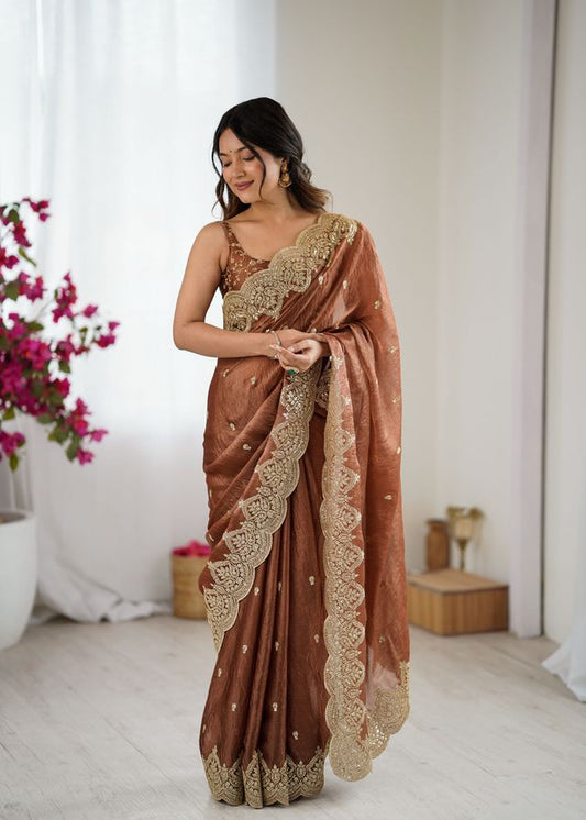 Brown Color Fendy Chiffon Fabric Beautiful Embroidered Saree