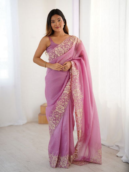 Pink Color Candy Crush Fabric Beautiful Partywear Saree For Girlie Looks