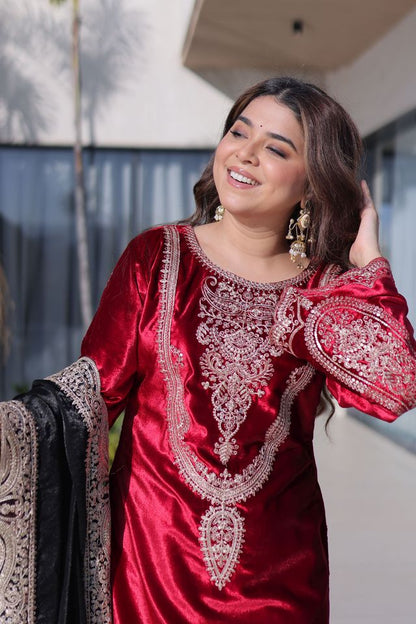 Red Color Ice Velvet Fabric Ethnic Heavy Embroidered Ceremonial Suit With Dupatta