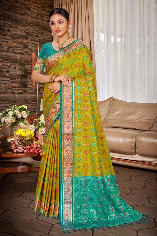 Green Color Ethnic Patola Silk Fabric Beautiful Festive Saree