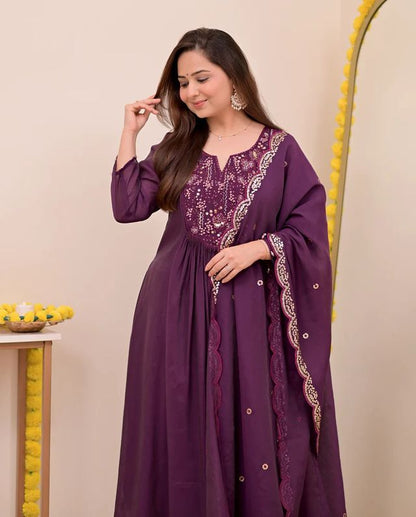 WineColor Chanderi Silk Fabric Designer Embroiderd Stitched Suit