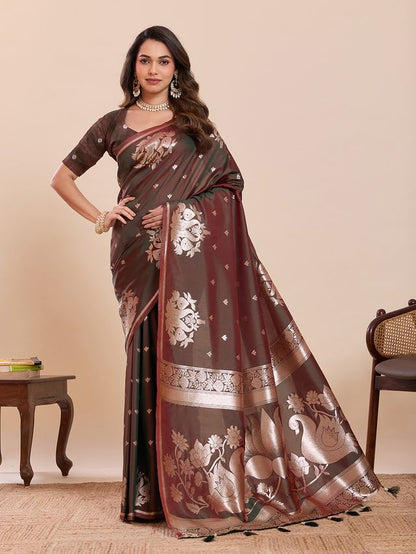 Mahendi Color Soft Silk Fabric Woven Jari Designer Partywear Saree