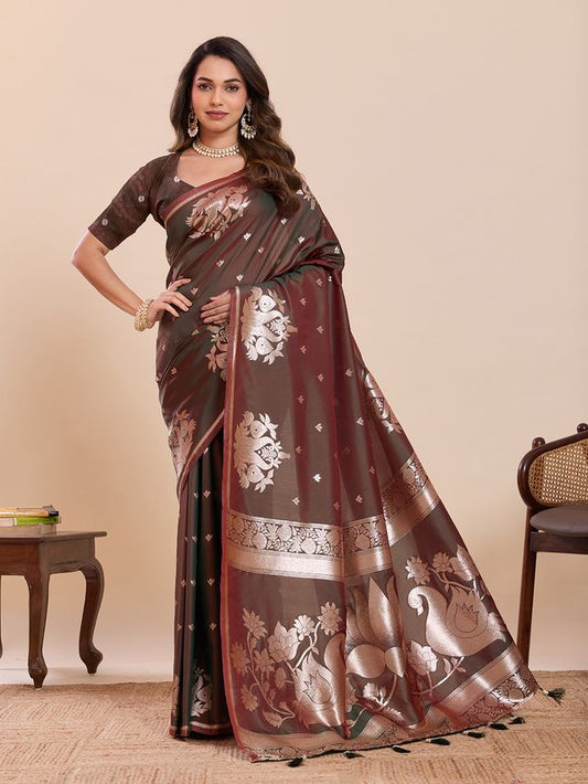 Mahendi Color Soft Silk Fabric Woven Jari Designer Partywear Saree