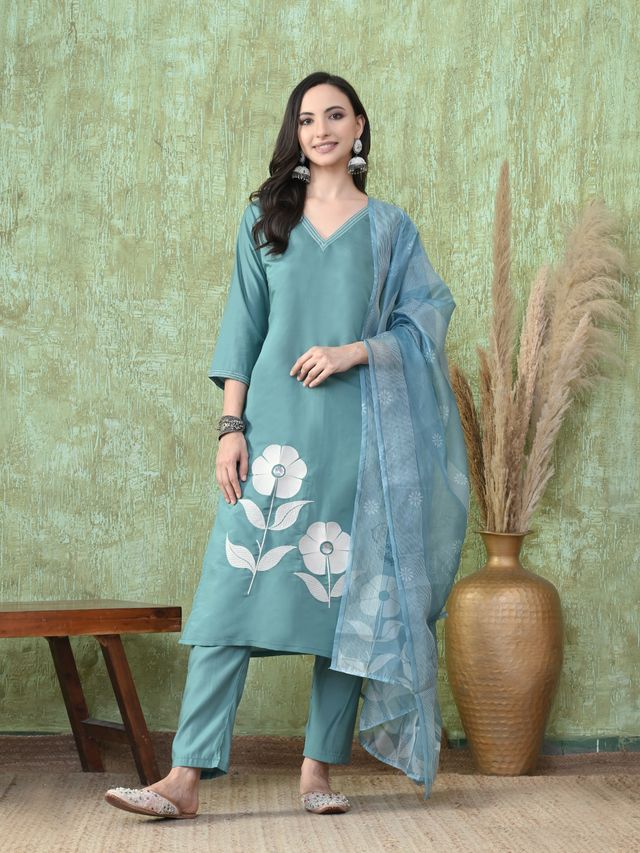 Teal Color Roman Silk Fabric Designer Partywear Readymade Suit