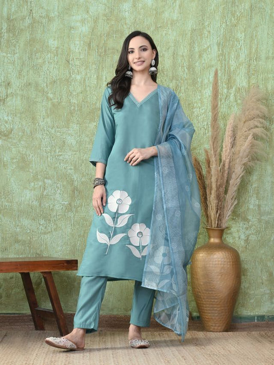 Teal Color Roman Silk Fabric Designer Partywear Readymade Suit