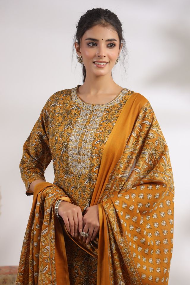 Mustard Color Cotton Fabric Stylish And Trendy Kurta Set For Ethnic Girls