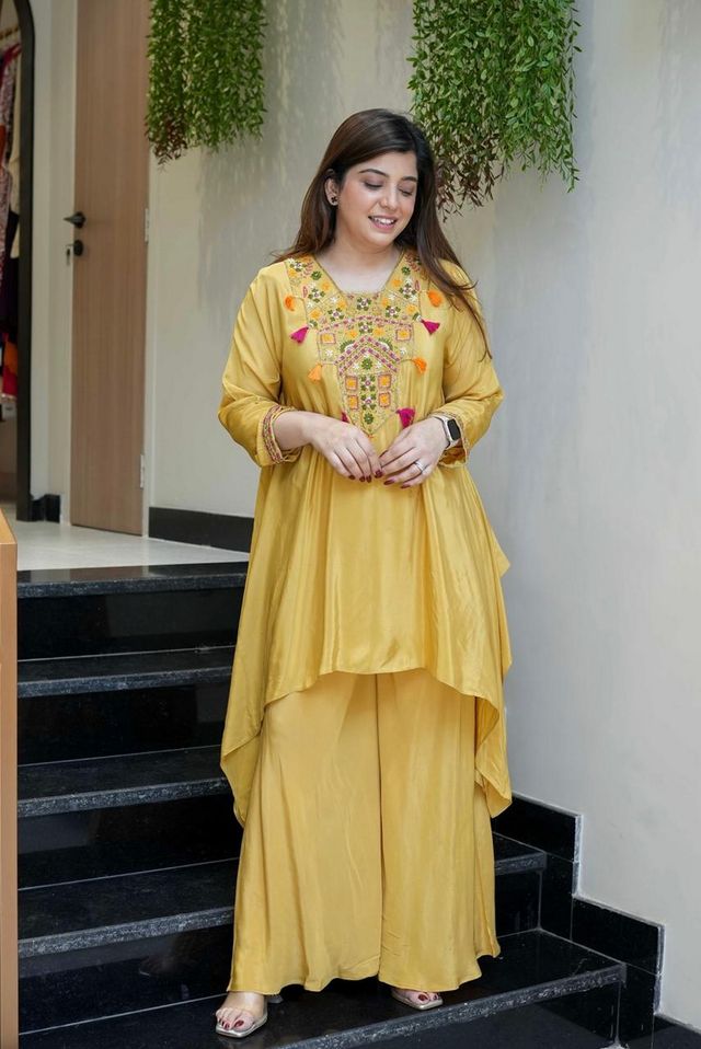 Yellow Color French Crepe Fabric Designer Ethnic Readymade Kurta Set