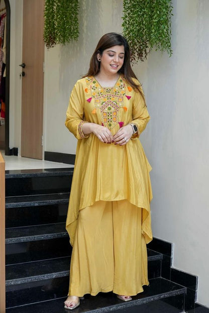 Yellow Color French Crepe Fabric Designer Ethnic Readymade Kurta Set