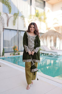 Mahendi Color Geaceful Festive Special Velvet Fabric Readymade Suit With Batwa