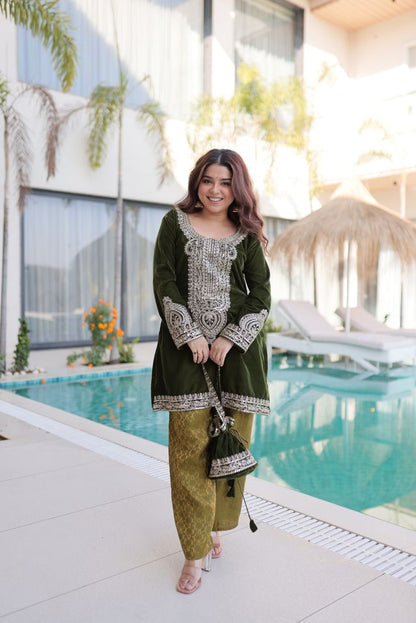 Mahendi Color Geaceful Festive Special Velvet Fabric Readymade Suit With Batwa