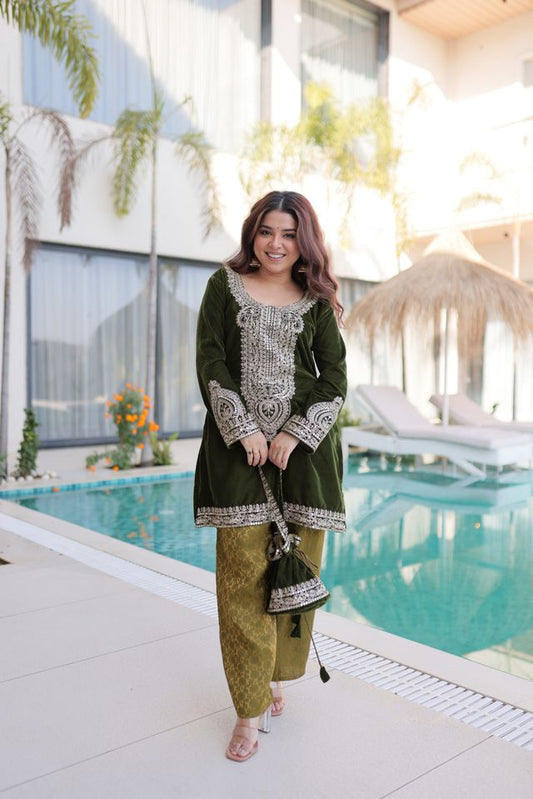 Mahendi Color Geaceful Festive Special Velvet Fabric Readymade Suit With Batwa