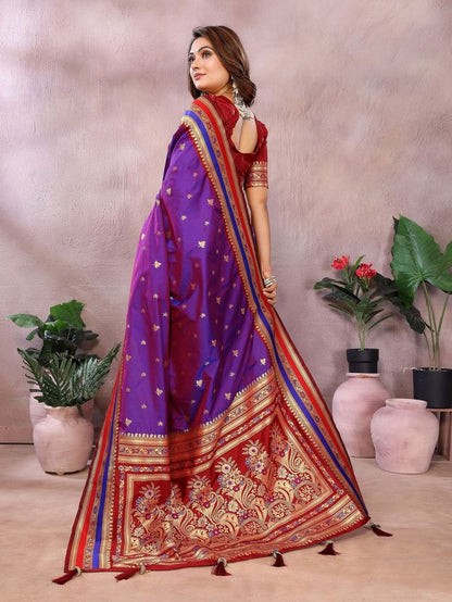 Purple Color Handloom Silk Fabric Jacquard Weaving Designer Partywear Saree