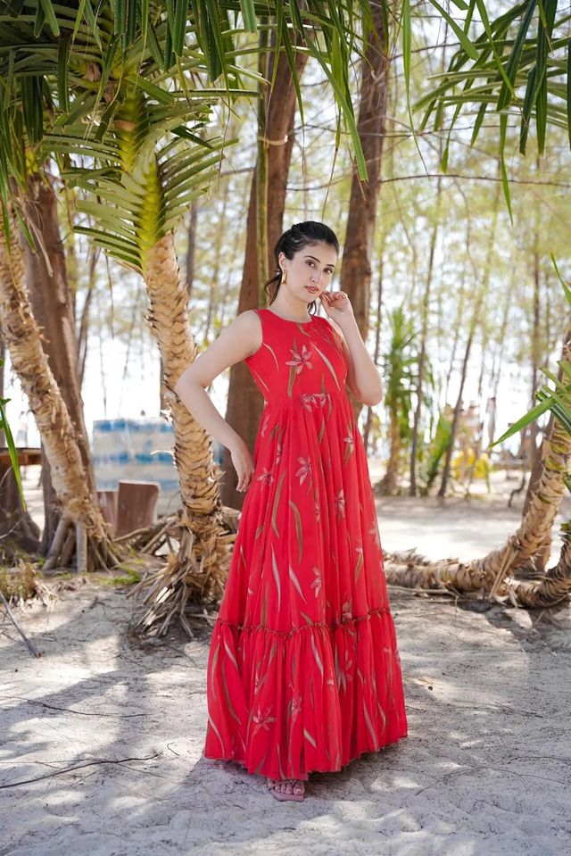 Party wear readymade muslin gown collection digital printed work  Red