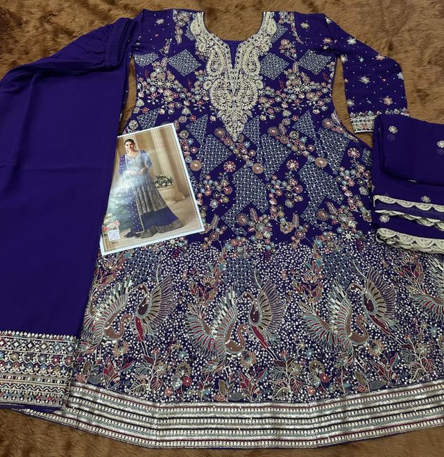 Dark Blue pure geogette full stitched suit Free Size upto 42