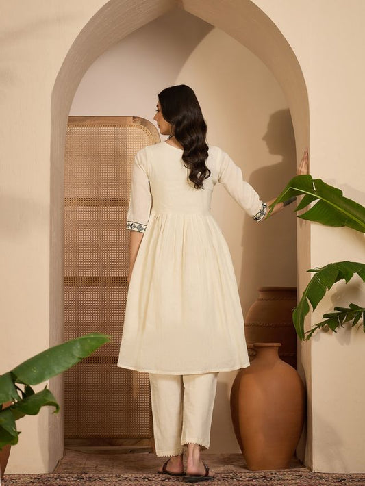 Beige Color Graceful Khadi Silk Fabric Designer Embroidery Work Top Bottom Set 4174