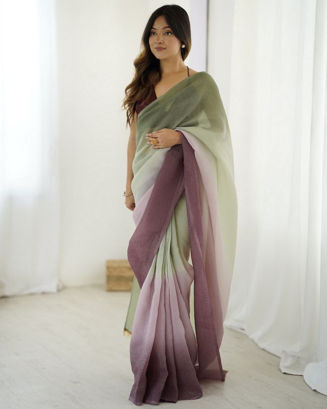Designer Green-Wine Color Candy Crush Silk Fabric Stylish Pre Stitched Saree