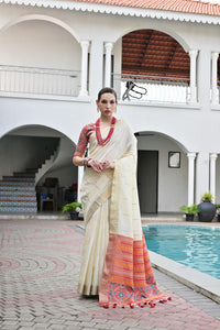 Off White Color Khadi Raw Silk Fabric Woven Meena Rich Pallu Border Designer Beautiful Saree