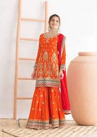 Orange Color Graceful Embroidered Chinon Fabric Sharara Dress