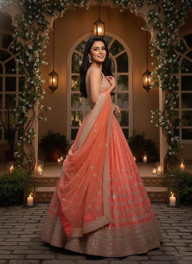 Embroidered Lehenga Set with Dupatta HKV-0070 ORANGE