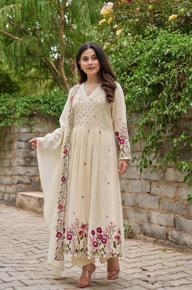 Cream Color Chanderi Fabric Designer Embroidered Readymade Suit