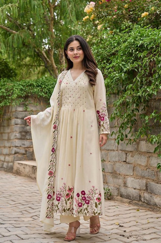 Cream Color Chanderi Fabric Designer Embroidered Readymade Suit