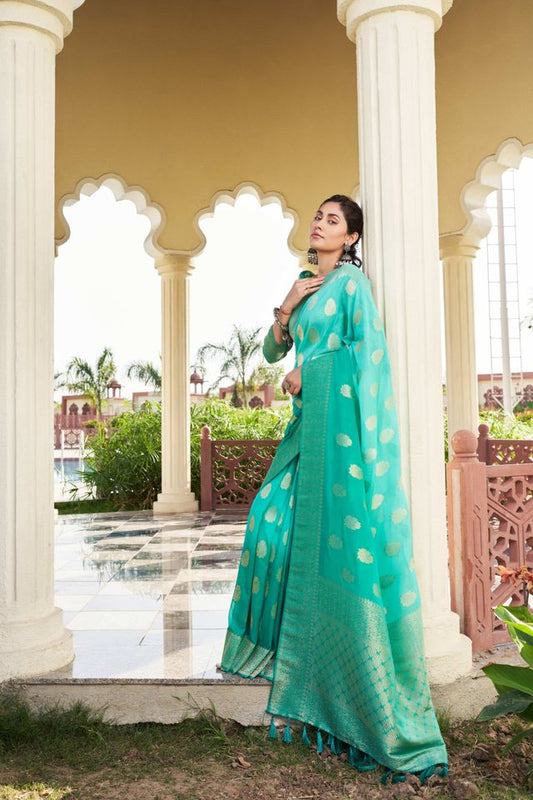 Sea Green Color Georgette Fabric Heavy Wevon Designer Work Graceful Saree